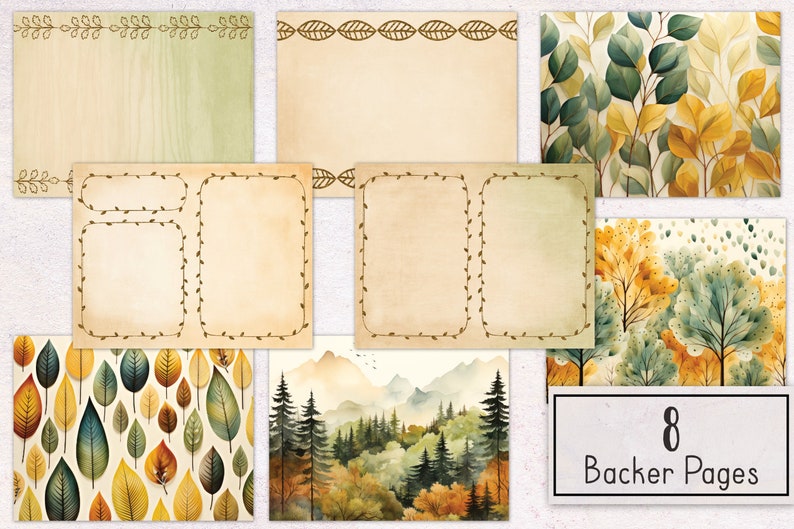 May include: Eight printable digital paper backgrounds featuring autumnal themes. The papers include a woodgrain pattern, a leafy pattern, a mountain scene, and several blank pages with decorative borders.