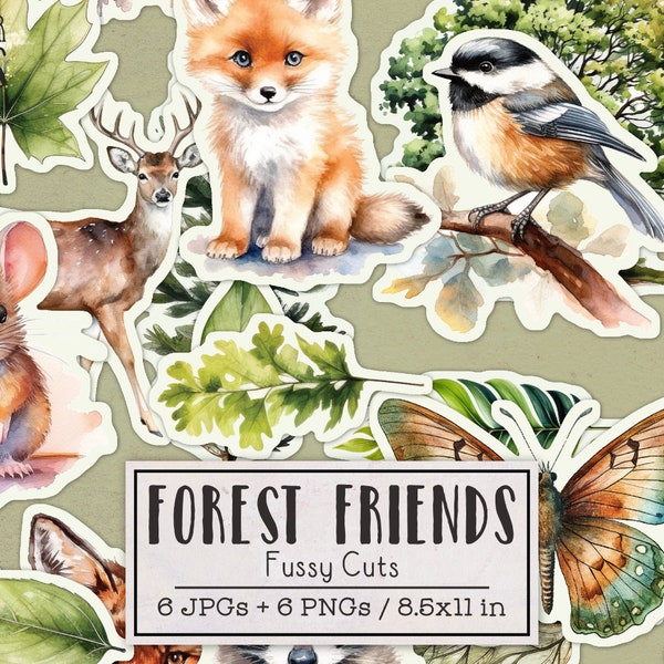 Forest Friends Fussy Cuts Printable Sticker Sheets | Junk Journal Kit | Scrapbooking Ephemera Forest Animals Nature Trees