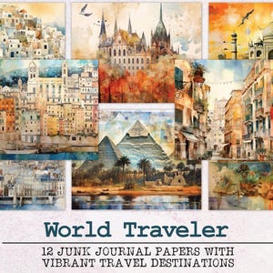 Wereldreiziger aquarel junk journal papier | Junk Journal Kit JPG en PDF | Afdrukbare dagboekpagina's | Digitaal papier kortstondig | Reizen