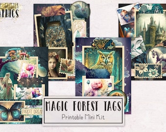 Magic Forest Tags Junk Journal Kit | Beginner Junk Journal Ephemera Pack with Tutorial | Printable Journal Digital Download