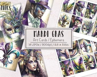 Mardi Gras ATC Artist Trading Cards | Junk Journal Kit | Digital Ephemera Pack | Hang Tags | Printable Ephemera Kit