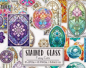 Stained Glass Fussy Cuts Printable Sticker Sheets | Junk Journal Kit | Scrapbooking Ephemera Flowers Butterflies