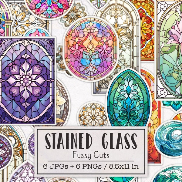 Stained Glass Fussy Cuts Printable Sticker Sheets | Junk Journal Kit | Scrapbooking Ephemera Flowers Butterflies