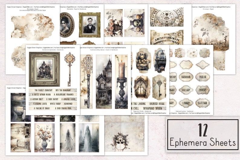 May include: Twelve digital paper sheets with a vintage, spooky, and gothic theme. The sheets feature images of a haunted house, a Ouija board, keys, a skull, a candle, a teddy bear, and a ghost. The sheets are perfect for scrapbooking, card making, and other paper crafts.
