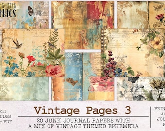 Vintage Junk Journal Papier Set 3 | Junk Journal Kit JPG + PDF | Druckbare Journal Seiten | Digitales Papier Ephemera | Beunruhigte Collage