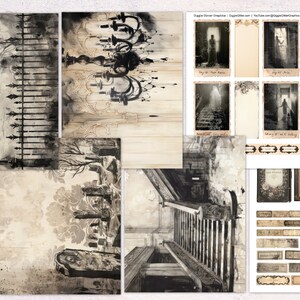 May include: A digital collage of vintage-style images with a spooky, gothic theme. The images include a graveyard, a staircase, a chandelier, and a gate. The images are in black and white and have a distressed, aged look.
