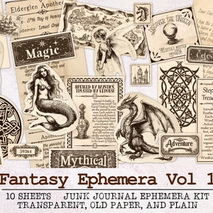 Diário de Junk Fantasy Ephemera Estilo Vintage | Kit Diário de Junk | JPG + PNG + PDF para impressão | Fussy Cuts Anúncios Cartas Recibos