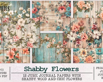 Shabby Flowers Junk Journal Paper | Junk Journal Kit JPG and PDF | Printable Journal Pages | Digital Paper Ephemera | Chic Watercolor