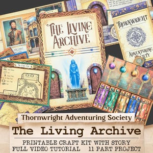Pode incluir: Uma coleção de elementos de kit de artesanato imprimíveis com tema de fantasia, incluindo cartões, mapas e uma caixa com pedras preciosas coloridas. O cartão central diz "The Living Archive". Projetado por Thornwright Adventuring Society.