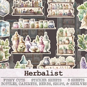 Folhas de adesivos imprimíveis do Herbalist Apothecary Fussy Cuts | Kit de diário Witch Junk JPG PNG PDF | Scrapbooking Ephemera Herbs Jars Bottles