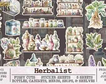 Herbalist Apothecary Fussy Cuts Printable Sticker Sheets | Witch Junk Journal Kit JPG PNG PDF | Scrapbooking Ephemera Herbs Jars Bottles