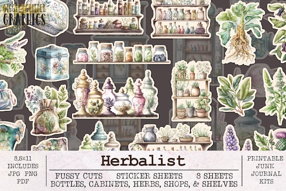 Herbalist Apothecary Fussy Cuts Printable Sticker Sheets | Witch Junk Journal Kit JPG PNG PDF | Scrapbooking Ephemera Herbs Jars Bottles