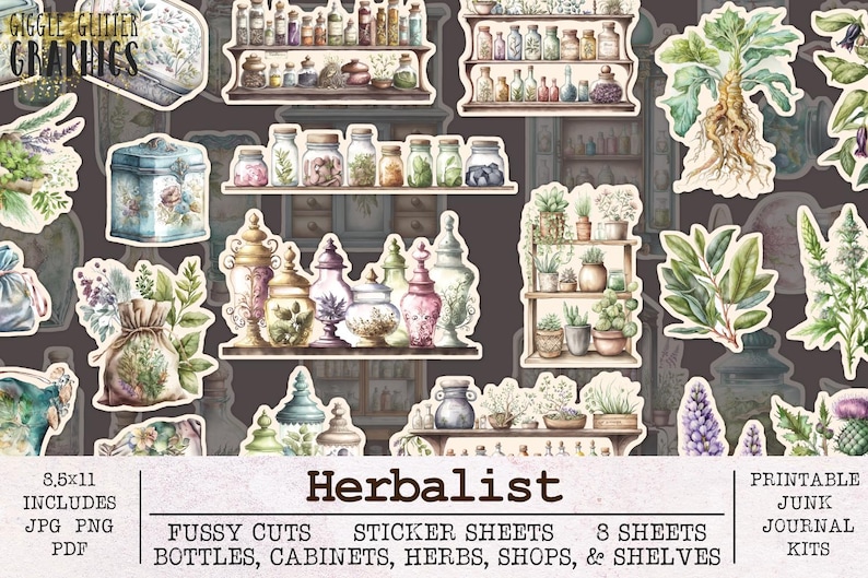 May include: A digital sticker sheet set with illustrations of apothecary bottles, cabinets, herbs, shops, and shelves. The set includes 8 sheets of 8.5 x 11 inch printable stickers. The text "Herbalist" is featured in the center of the image.