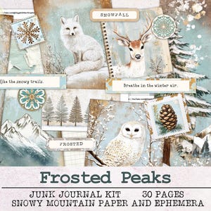 Frosted Peaks Winter Junk Journal Kit | JPG PNG PDF Ephemera-pakket | Digitale download besneeuwde bergdieren dagboekpapier en ephemera