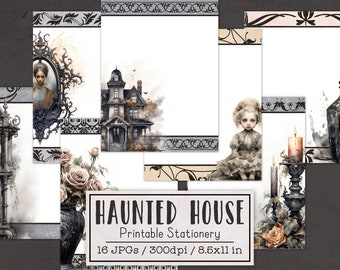 Haunted House Stationery | Unlined and Lined Writing Paper | Digital Halloween Stationery Paper for Letter Writing | Journal Paper Spooky