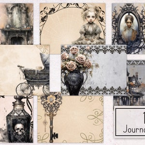 May include: A set of 16 printable journal pages with a gothic and vintage aesthetic. The pages feature images of a baby carriage, a key, a bottle with a skull, a fireplace, a bouquet of roses, a girl with a crown, a woman in a mirror, and a spooky house.