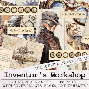 Uitvinderswerkplaats Steampunk-junkjournaalkit | Ephemera-pakket voor ongewenste dagboeken | Afdrukbare dagboekpagina's | Digitale download Fantasy Clockwork