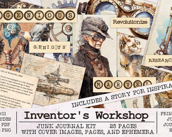 Inventor&#39;s Workshop Steampunk Junk Journal Kit | Junk Journal Ephemera Pack | Printable Journal Pages | Digital Download Fantasy Clockwork