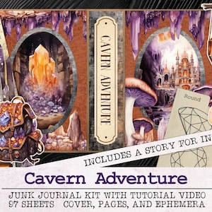 Grottaventyr Skräpjournalkit | Skräpjournal Ephemera Pack | Utskrivbara journalsidor | Digital nedladdning Fantasy Gemstone Geology