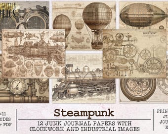 May include: Twelve digital papers in a steampunk theme with clockwork and industrial images. The papers are 8.5 inches by 11 inches and include JPG and PDF files.  The papers are printable and can be used for junk journals and kits.