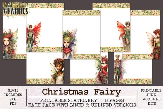 Christmas Stationery Fairy | Unlined and Lined Writing Paper JPG PDF | Digital Stationery Paper for Letter Writing | Journal Paper