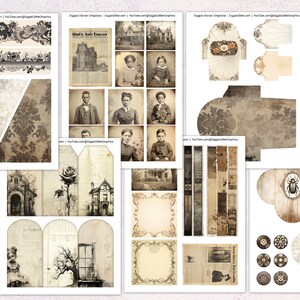 May include: A digital collage sheet with vintage images and patterns. The sheet includes images of a house, people, a rose, a beetle, and various decorative elements. The images are in shades of brown, black, and white, giving the sheet a vintage aesthetic.