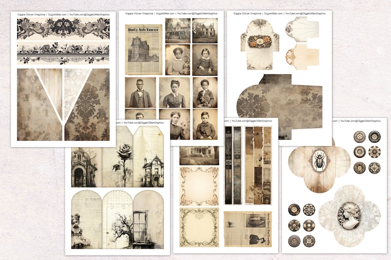 May include: A digital collage sheet with vintage images and patterns. The sheet includes images of a house, people, a rose, a beetle, and various decorative elements. The images are in shades of brown, black, and white, giving the sheet a vintage aesthetic.