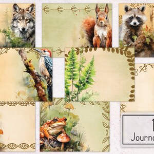 May include: 16 watercolor journal pages with nature-themed illustrations.  Each page features a different animal, including a wolf, squirrel, raccoon, woodpecker, frog, owl, and rabbit.  The pages have a vintage aesthetic with gold leaf accents.