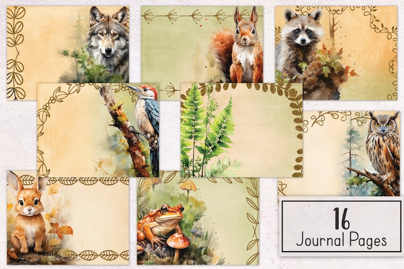 May include: 16 watercolor journal pages with nature-themed illustrations.  Each page features a different animal, including a wolf, squirrel, raccoon, woodpecker, frog, owl, and rabbit.  The pages have a vintage aesthetic with gold leaf accents.
