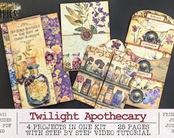 Twilight Apothecary 4 Projects Junk Journal Kit | With Video Tutorial JPG PNG PDF | Printable Digital Download Folio Folder Pocket Tag