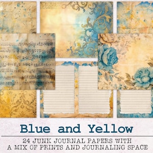 Blue and Yellow Junk Journal Paper | Junk Journal Kit JPG + PDF | Printable Journal Pages | Digital Paper Ephemera | Essentials Lined Paper