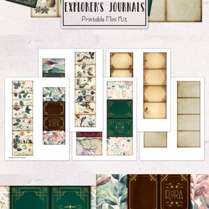 May include: Printable mini kit of explorer's journals with floral and nature themed covers. The covers feature the words "Fauna", "Flora", "Notes", and "Sketches".