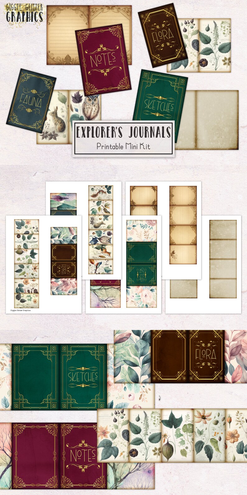 May include: Printable mini kit of explorer's journals with floral and nature themed covers. The covers feature the words "Fauna", "Flora", "Notes", and "Sketches".