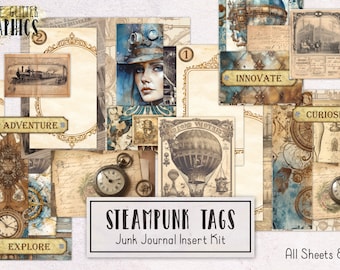 Steampunk Tags Junk Journal Kit | Beginner Junk Journal Ephemera Pack with Video Tutorial | Printable Journal Digital Download