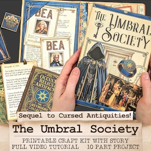 以下が含まれることがあります： 「The Umbral Society」と題された本やその他のエフェメラなど、ヴィンテージスタイルの印刷可能なクラフトキット要素のコレクション。このキットには、イラスト、テキスト、および「Sequel to Cursed Antiquities！」と書かれたバナーが含まれています。