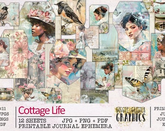 Cottage Life Junk Journal Ephemera Addon | Cottagecore Junk Journal Kit | Printable JPG + PNG + PDF | Digital Paper | Vintage Shabby Flowers