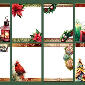 May include: Eight printable Christmas card templates with different holiday themes. Each template features a white background with a decorative border and a festive image, such as a lantern, candles, a cardinal, ornaments, and a Christmas tree.