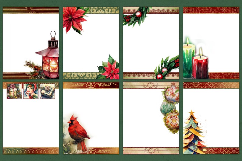 May include: Eight printable Christmas card templates with different holiday themes. Each template features a white background with a decorative border and a festive image, such as a lantern, candles, a cardinal, ornaments, and a Christmas tree.