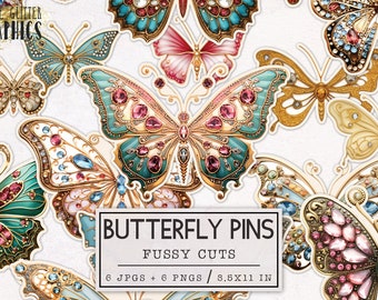 Butterfly Pins Fussy Cuts Printable Sticker Sheets | Vintage Junk Journal Kit | Scrapbooking Ephemera Jewelry Rhinestone