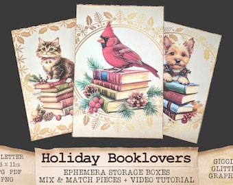 Holiday Booklovers Ephemera Storage Box Making Kit | Mix and Match Pieces With Video Tutorial JPG PNG PDF | Printable Digital Download