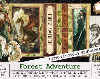 Forest Adventure Junk Journal Kit | Junk Journal Ephemera Pack | Printable Journal Pages | Digital Download Fantasy Dragon Fairy Elves