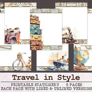 Papelería Travel in Style / Papel para escribir con y sin rayas JPG PDF / Papel digital para vacaciones para escribir cartas / Papel para diario Traveler