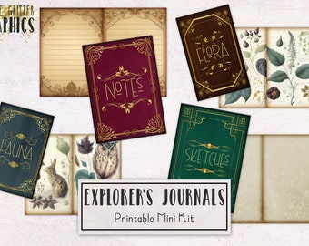 Explorer's Journals Mini Books Junk Journal Kit | Beginner Junk Journal Ephemera Pack with Tutorial | Printable Journal Digital Download