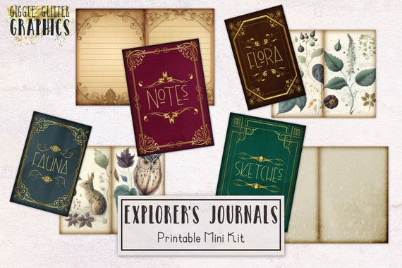 Explorer's Journals Mini Books Junk Journal Kit | Beginner Junk Journal Ephemera Pack with Tutorial | Printable Journal Digital Download