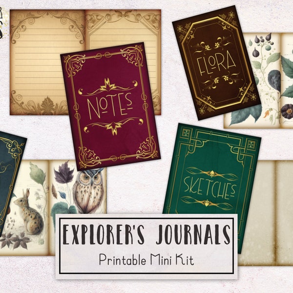Explorer's Journals Mini Books Junk Journal Kit | Beginner Junk Journal Ephemera Pack with Tutorial | Printable Journal Digital Download