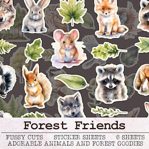 Forest Friends Fussy Cuts druckbare Aufkleber Blätter | Junk Journal Kit JPG PNG PDF | Scrapbooking Ephemera Waldtiere Natur Bäume