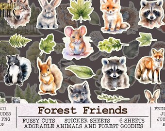 Forest Friends Fussy Cuts Printable Sticker Sheets | Junk Journal Kit JPG PNG PDF | Scrapbooking Ephemera Forest Animals Nature Trees