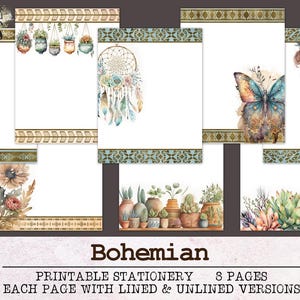 Papelaria Boho Boho | Papel de carta pautado e sem pauta JPG PDF | Papel digital para escrever cartas | Papel de diário Plantas Apanhador de sonhos