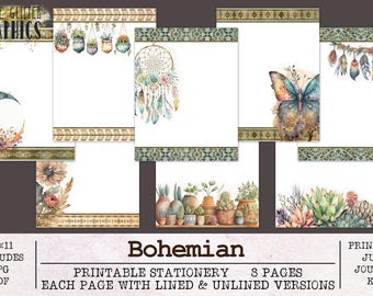 Bohemian Boho Stationery | Unlined and Lined Writing Paper JPG PDF | Digital Paper for Letter Writing | Journal Paper Plants Dreamcatcher