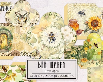 Bee Happy Envelopes for Junk Journals | Bees Junk Journal Kit | Printable Journal Digital Download Summer Honey Flowers